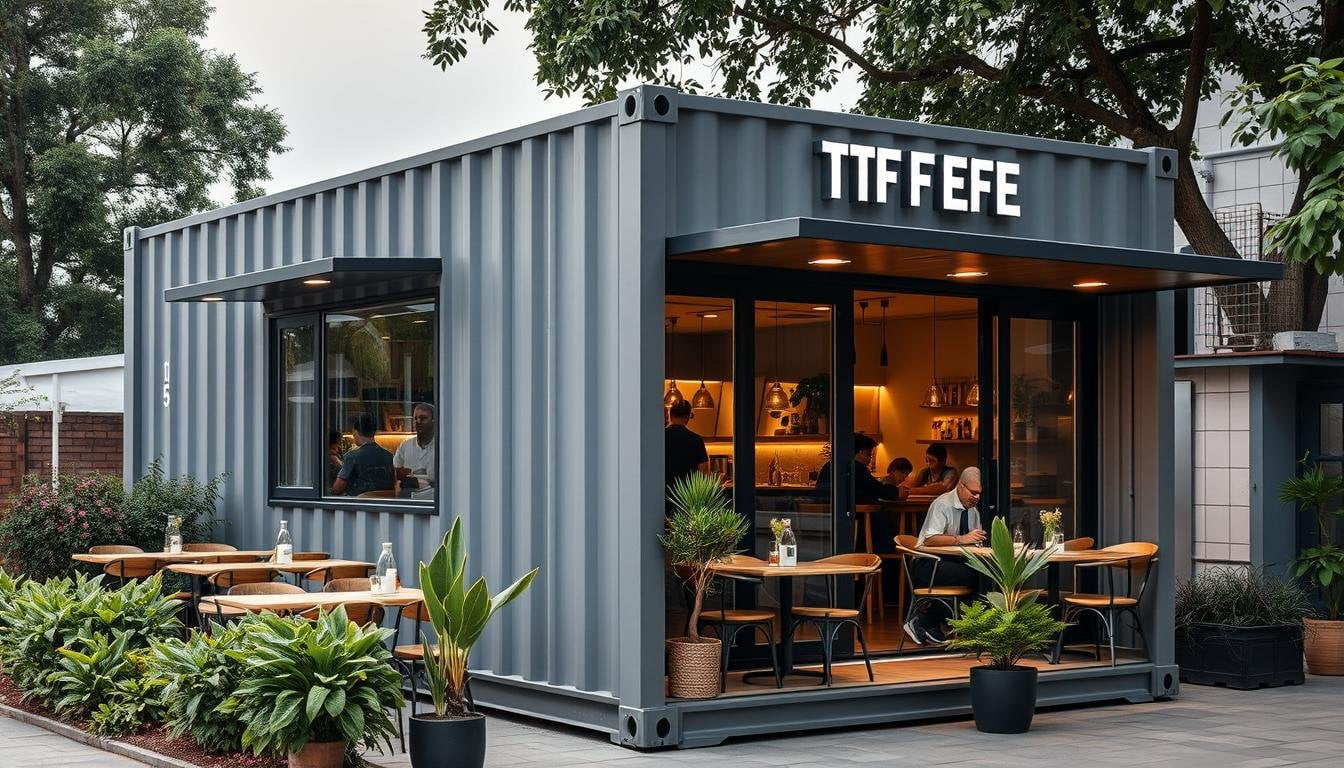 A modern container cafe in North Delhi with outdoor seating and stylish branding