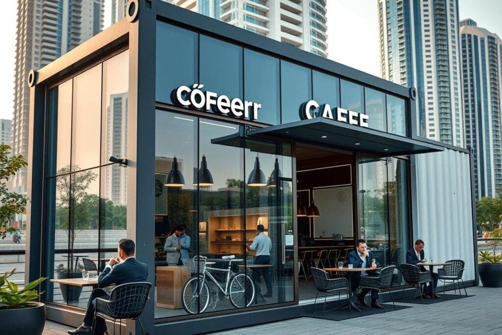 A modern container cafe setup in DLF Cyber City Gurgaon with outdoor seating and corporate professionals A modern container cafe setup in DLF Cyber City Gurgaon with outdoor seating and corporate professionals