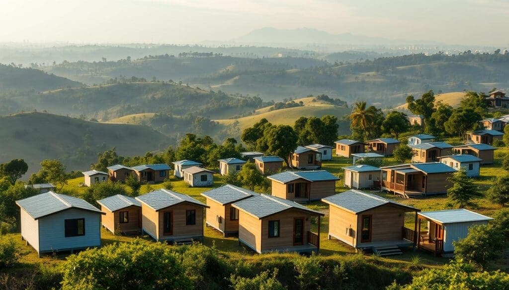 A scenic vista of prefabricated cabins nestled in the lush greenery of Nagarbhavi. In the foreground, a cluster of SAMAN Portable cabins stand tall, their sleek, modern designs blending seamlessly with the surrounding landscape. The middle ground features a variety of cabin models, each with its own unique architectural features and color scheme. In the background, the rolling hills and distant trees create a serene, peaceful atmosphere. The scene is illuminated by warm, natural lighting, accentuating the textures and materials of the cabins. The overall composition conveys a sense of tranquility and the perfect balance between nature and human-made structures. A scenic vista of prefabricated cabins nestled in the lush greenery of Nagarbhavi. In the foreground, a cluster of SAMAN Portable cabins stand tall, their sleek, modern designs blending seamlessly with the surrounding landscape. The middle ground features a variety of cabin models, each with its own unique architectural features and color scheme. In the background, the rolling hills and distant trees create a serene, peaceful atmosphere. The scene is illuminated by warm, natural lighting, accentuating the textures and materials of the cabins. The overall composition conveys a sense of tranquility and the perfect balance between nature and human-made structures.