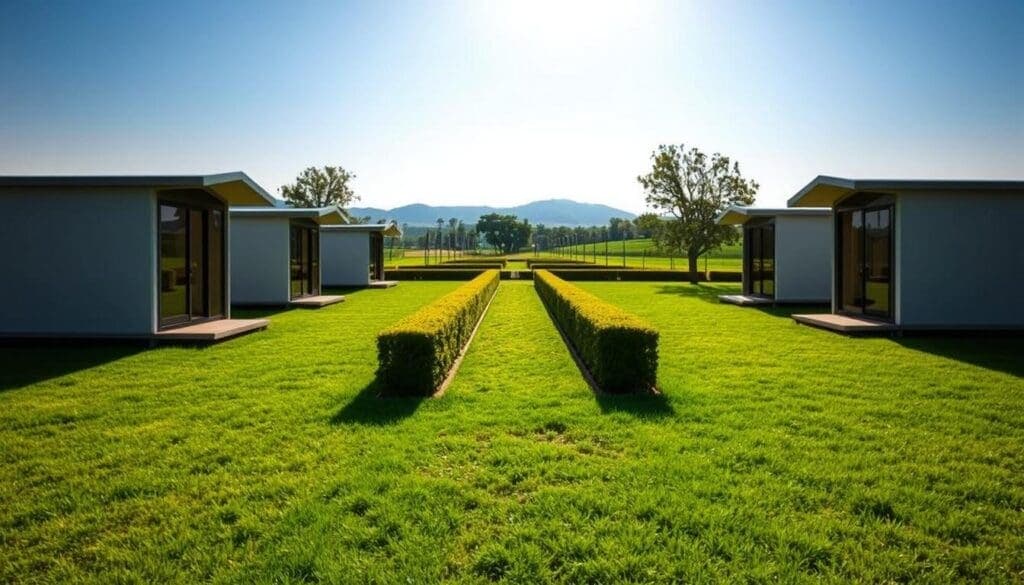 A serene open field in Kengeri, with lush green grass and a clear blue sky. In the foreground, several SAMAN Portable cabins are arranged, their sleek and modern designs standing out against the natural backdrop. The cabins have large windows that allow natural light to flood the interiors, creating a warm and inviting atmosphere. The middle ground features a well-maintained pathway leading towards the cabins, surrounded by neatly trimmed hedges and a few mature trees, casting soft shadows. In the background, the distant hills and mountains create a picturesque landscape, hinting at the tranquility and privacy of the location. The scene conveys a sense of harmony between the portable cabins and the natural environment, making it an ideal setting for the "Selecting the Perfect Location for Your Cabin" section of the article. A serene open field in Kengeri, with lush green grass and a clear blue sky. In the foreground, several SAMAN Portable cabins are arranged, their sleek and modern designs standing out against the natural backdrop. The cabins have large windows that allow natural light to flood the interiors, creating a warm and inviting atmosphere. The middle ground features a well-maintained pathway leading towards the cabins, surrounded by neatly trimmed hedges and a few mature trees, casting soft shadows. In the background, the distant hills and mountains create a picturesque landscape, hinting at the tranquility and privacy of the location. The scene conveys a sense of harmony between the portable cabins and the natural environment, making it an ideal setting for the "Selecting the Perfect Location for Your Cabin" section of the article.