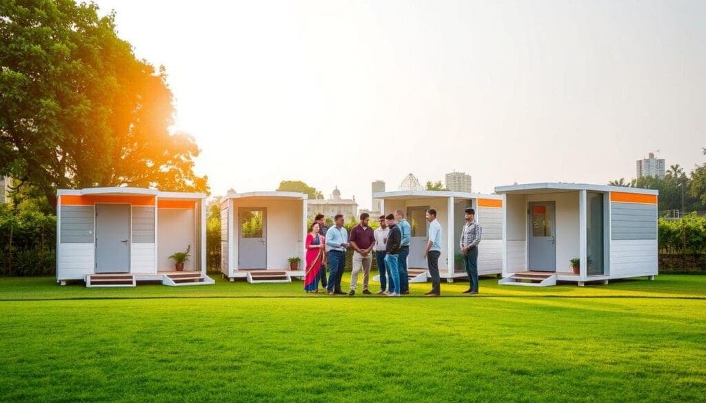 A serene outdoor setting showcases a row of SAMAN Portable cabins for sale in Kengeri. The compact, prefabricated structures stand against a backdrop of lush greenery, their sleek, modern lines accentuated by warm, natural lighting. In the foreground, a well-manicured lawn leads the eye towards the cabins, each adorned with clean, minimalist designs and vibrant color accents. The middle ground features a group of prospective buyers inspecting the cabins, their expressions reflecting a mix of interest and appreciation. In the distance, the hazy silhouettes of trees and buildings suggest the urban environment of Kengeri, highlighting the convenient location of these portable living solutions. A serene outdoor setting showcases a row of SAMAN Portable cabins for sale in Kengeri. The compact, prefabricated structures stand against a backdrop of lush greenery, their sleek, modern lines accentuated by warm, natural lighting. In the foreground, a well-manicured lawn leads the eye towards the cabins, each adorned with clean, minimalist designs and vibrant color accents. The middle ground features a group of prospective buyers inspecting the cabins, their expressions reflecting a mix of interest and appreciation. In the distance, the hazy silhouettes of trees and buildings suggest the urban environment of Kengeri, highlighting the convenient location of these portable living solutions.