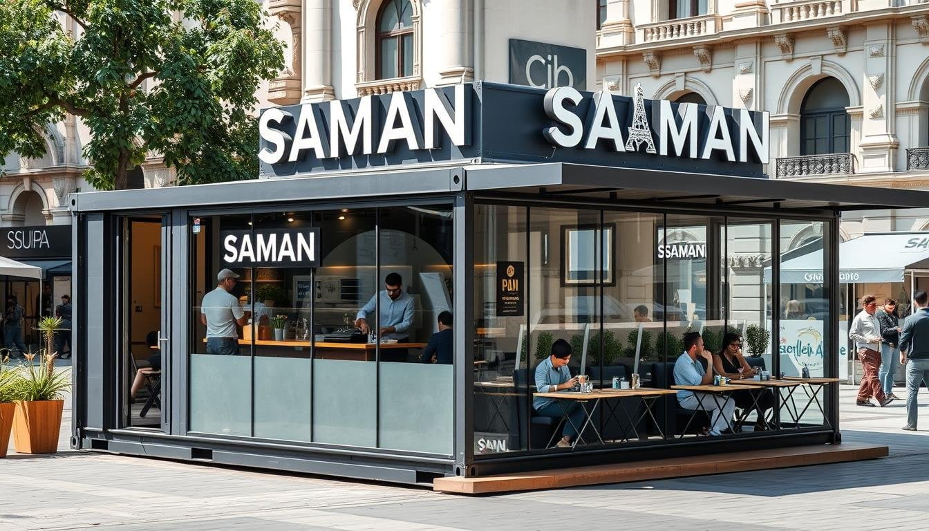 A stylish container cafe with glass front in Connaught Place, Central Delhi with customers enjoying coffee