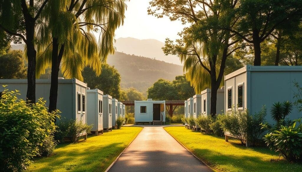 A tranquil scene of modular cabins nestled in the lush greenery of Kengeri. In the foreground, the sleek and modern design of SAMAN Portable cabins takes center stage, their clean lines and neutral tones blending seamlessly with the natural surroundings. The middle ground features a well-manicured pathway leading towards the cabins, flanked by vibrant foliage and towering trees that filter the warm, golden sunlight. In the background, the rolling hills of Kengeri create a picturesque backdrop, adding depth and a sense of serenity to the overall composition. The image conveys a peaceful, welcoming atmosphere, highlighting the compact, fast, and affordable nature of these versatile modular cabins. A tranquil scene of modular cabins nestled in the lush greenery of Kengeri. In the foreground, the sleek and modern design of SAMAN Portable cabins takes center stage, their clean lines and neutral tones blending seamlessly with the natural surroundings. The middle ground features a well-manicured pathway leading towards the cabins, flanked by vibrant foliage and towering trees that filter the warm, golden sunlight. In the background, the rolling hills of Kengeri create a picturesque backdrop, adding depth and a sense of serenity to the overall composition. The image conveys a peaceful, welcoming atmosphere, highlighting the compact, fast, and affordable nature of these versatile modular cabins.