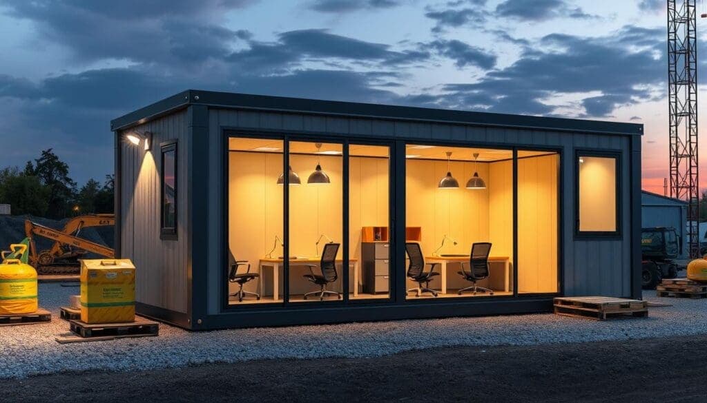 A well-lit, detailed scene of a SAMAN Portable site office featuring a modular, steel-framed structure with weatherproof cladding. The office is situated on a level gravel surface, surrounded by construction equipment and materials. Large windows provide ample natural light, complemented by energy-efficient LED fixtures. The interior showcases a practical layout with desks, chairs, and storage units, reflecting the practical needs of a worksite. The overall atmosphere conveys a sense of functionality, durability, and professionalism, perfectly suited for the demands of a construction site. A well-lit, detailed scene of a SAMAN Portable site office featuring a modular, steel-framed structure with weatherproof cladding. The office is situated on a level gravel surface, surrounded by construction equipment and materials. Large windows provide ample natural light, complemented by energy-efficient LED fixtures. The interior showcases a practical layout with desks, chairs, and storage units, reflecting the practical needs of a worksite. The overall atmosphere conveys a sense of functionality, durability, and professionalism, perfectly suited for the demands of a construction site.