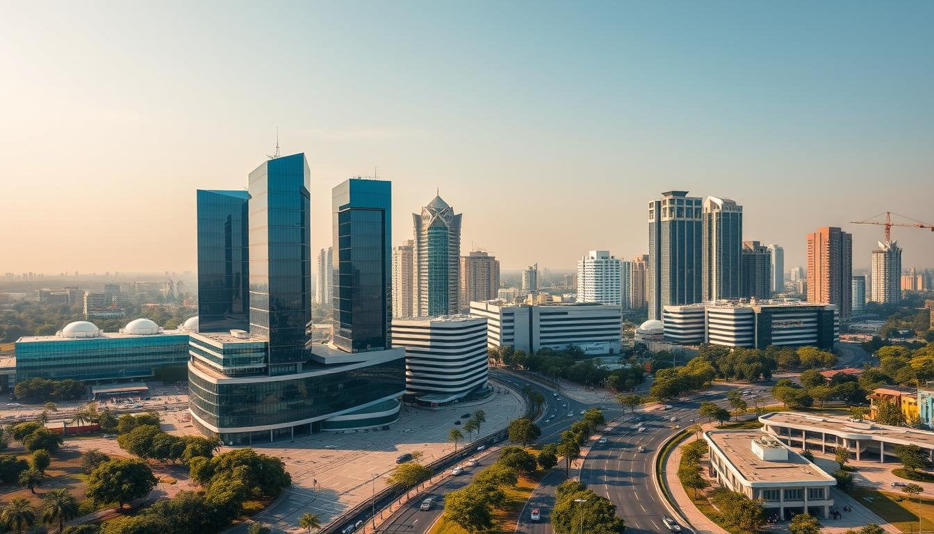 Aerial view of Gurgaon's skyline showing modern buildings and potential locations for Container Cafes in Gurgaon