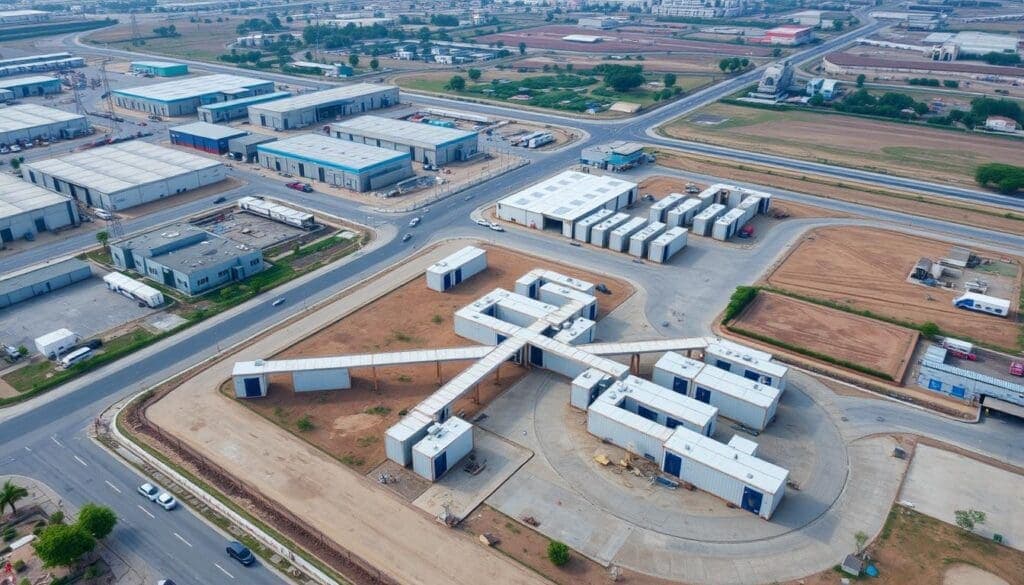 Aerial view of container office complex at Ballabhgarh industrial zone in Faridabad Aerial view of container office complex at Ballabhgarh industrial zone in Faridabad