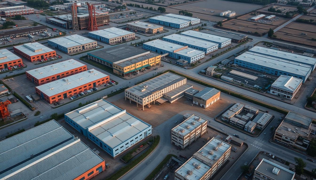 Aerial view of industrial development in Greater Noida showing labour colonies near manufacturing sites