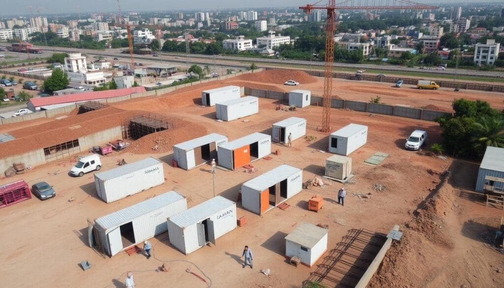 Aerial view of multiple Container Offices in West Delhi at large construction site Aerial view of multiple Container Offices in West Delhi at large construction site