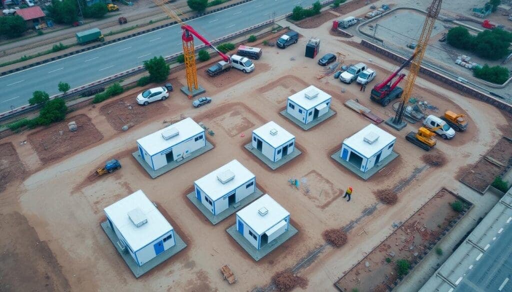 Aerial view of multiple portable office cabins at a large infrastructure project in North Delhi Aerial view of multiple portable office cabins at a large infrastructure project in North Delhi