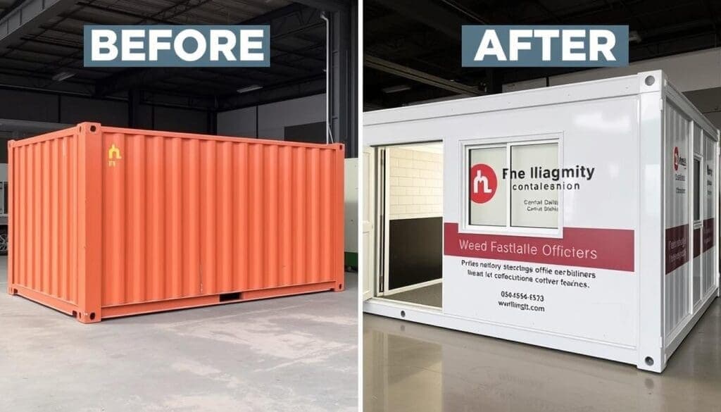 Before and after customization of a container office for Central Delhi Before and after customization of a container office for Central Delhi