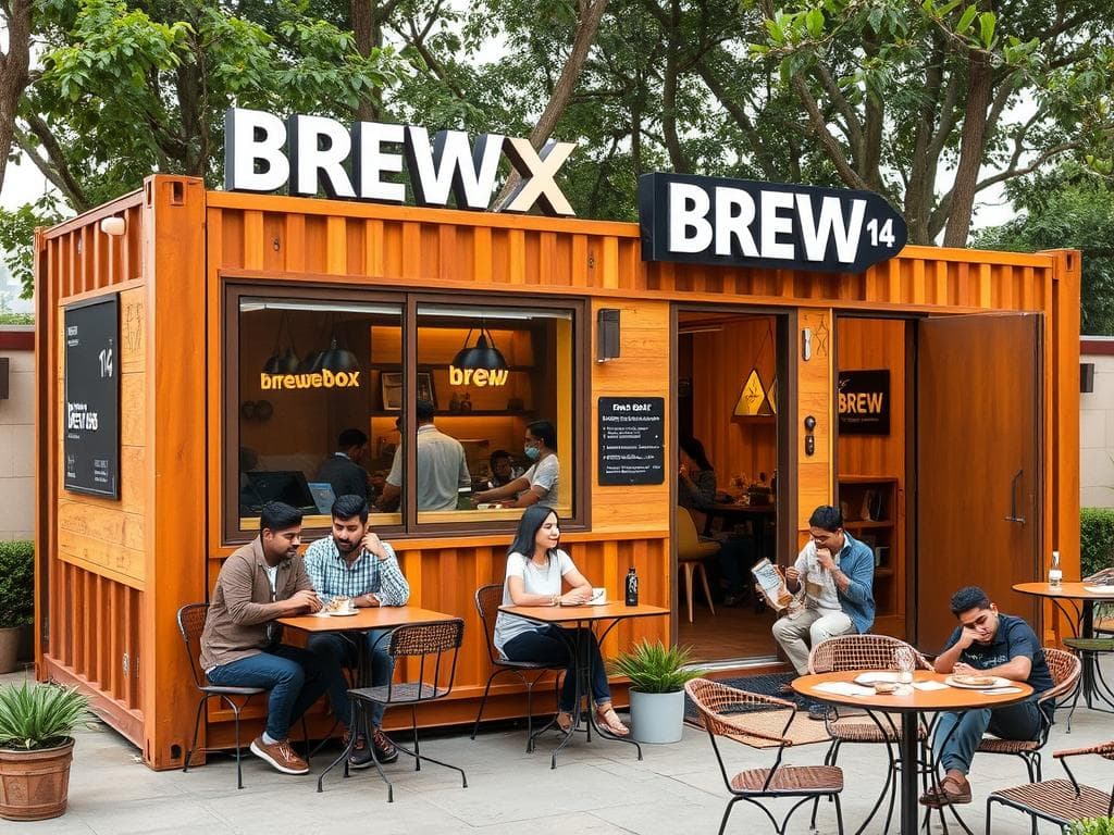 Brew Box container cafe in Dwarka Sector 12 with customers enjoying outdoor seating Brew Box container cafe in Dwarka Sector 12 with customers enjoying outdoor seating
