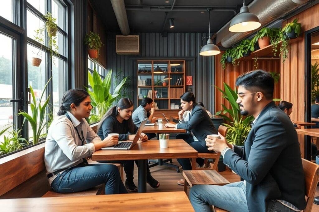 Busy IT professionals enjoying coffee at a container cafe in Sector 62, Noida Busy IT professionals enjoying coffee at a container cafe in Sector 62, Noida