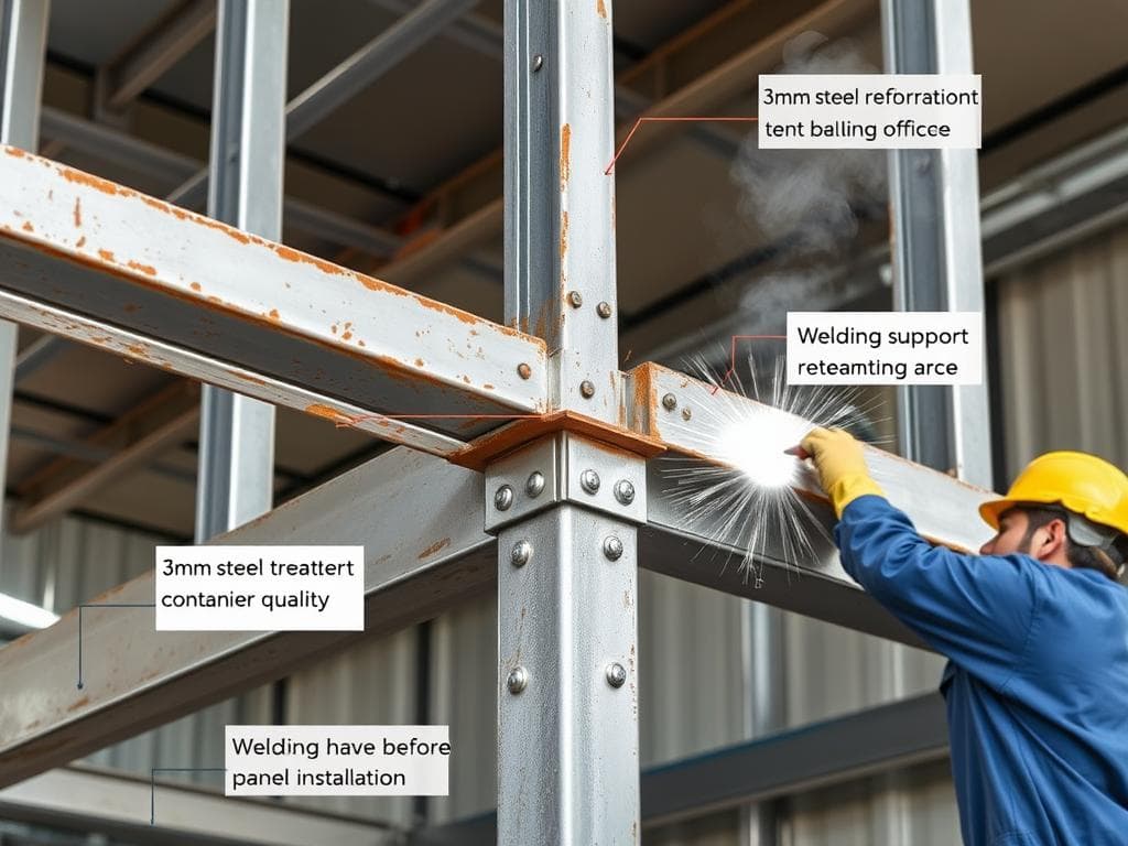 Close-up of reinforced steel frame construction of container office in Faridabad Close-up of reinforced steel frame construction of container office in Faridabad