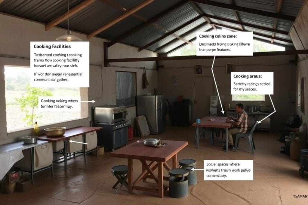 Common area and cooking zone in labour colony Common area and cooking zone in labour colony