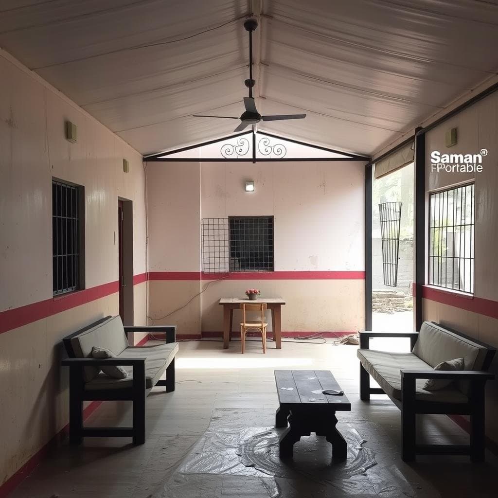 Common area in a Greater Noida labour colony showing seating and gathering space Common area in a Greater Noida labour colony showing seating and gathering space