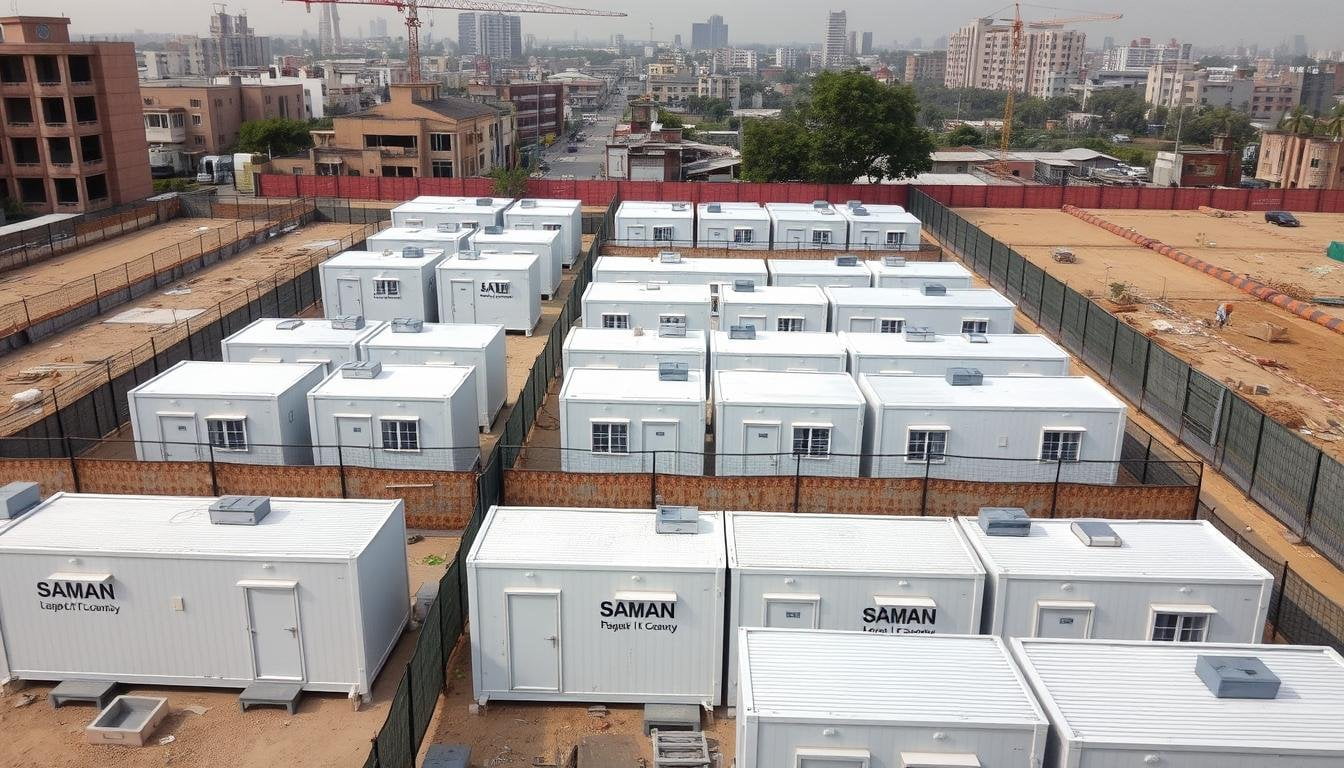 Compact labour colony in East Delhi with modular units arranged efficiently on a construction site