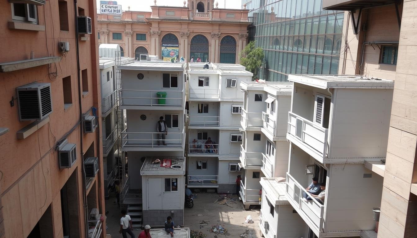 Compact labour colony installation in Connaught Place, Central Delhi