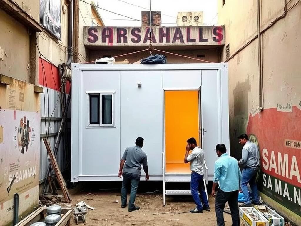 Compact portable office cabin being installed in tight East Delhi space Compact portable office cabin being installed in tight East Delhi space