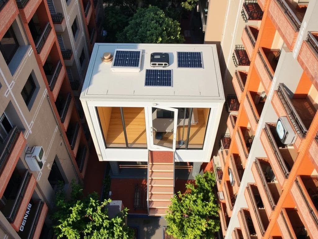Compact portable office cabin fitting perfectly in a limited space between buildings in Greater Kailash Compact portable office cabin fitting perfectly in a limited space between buildings in Greater Kailash