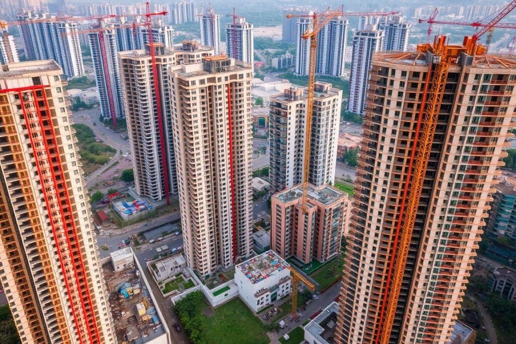 Construction boom in Noida showing multiple high-rise buildings under development Construction boom in Noida showing multiple high-rise buildings under development