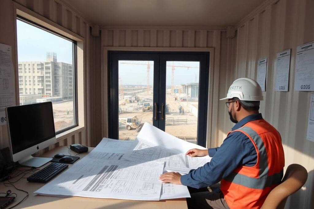 Construction manager reviewing plans in container office at Patparganj site Construction manager reviewing plans in container office at Patparganj site