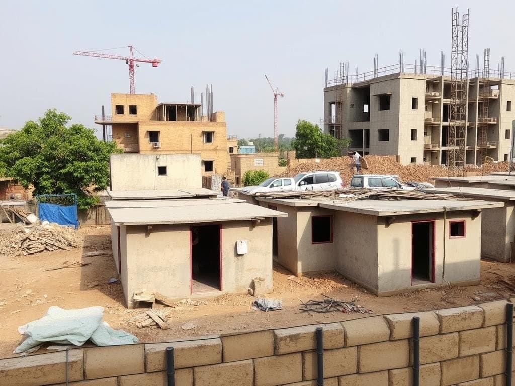 Construction site in Ballabhgarh with temporary worker housing Construction site in Ballabhgarh with temporary worker housing
