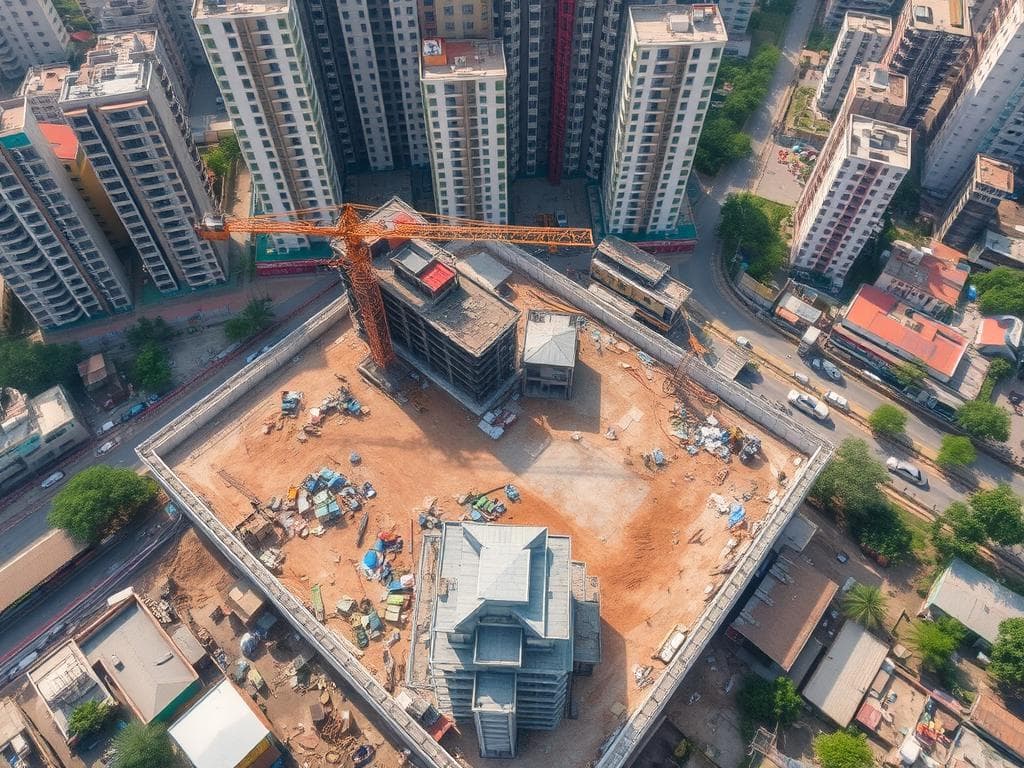 Construction site in Saket, South Delhi showing space constraints for labour housing Construction site in Saket, South Delhi showing space constraints for labour housing