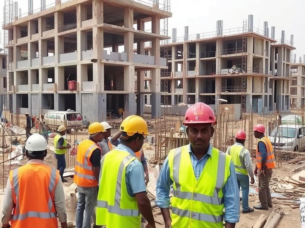 Construction workers at a development site in Sector 21, Faridabad Construction workers at a development site in Sector 21, Faridabad