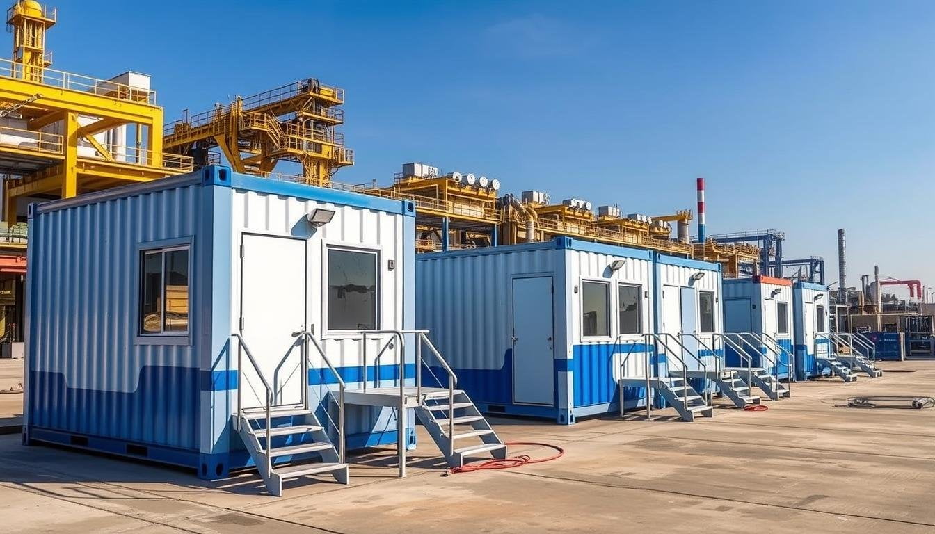 Container Offices in Faridabad industrial zone with heavy machinery in background