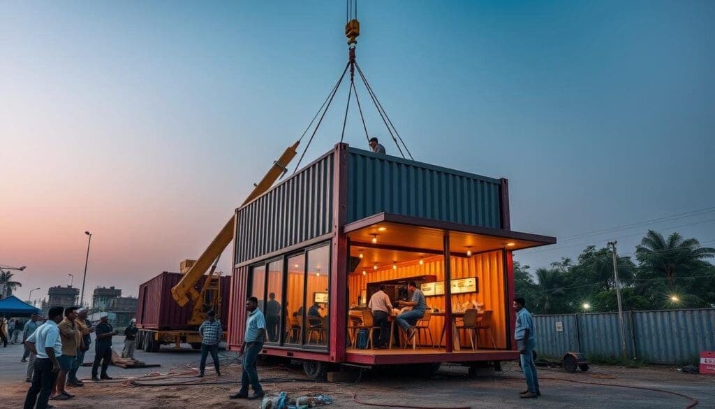Container cafe being installed in Dwarka commercial complex in just one day Container cafe being installed in Dwarka commercial complex in just one day