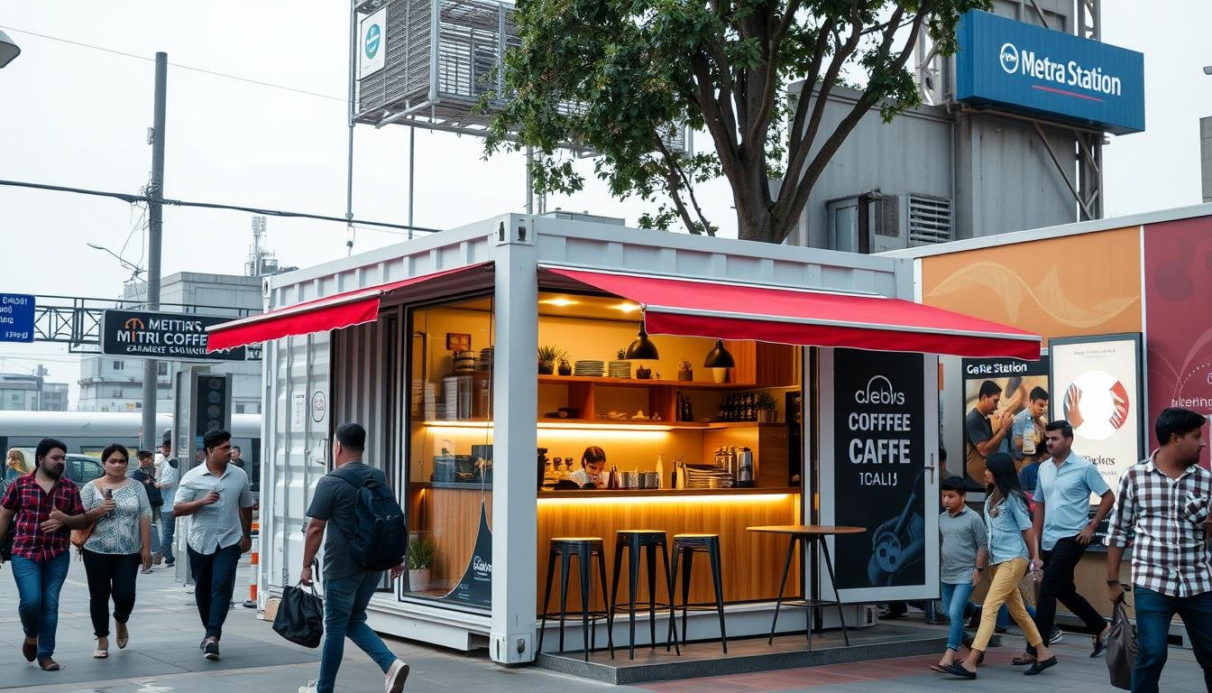 Container cafe in East Delhi near a busy metro station