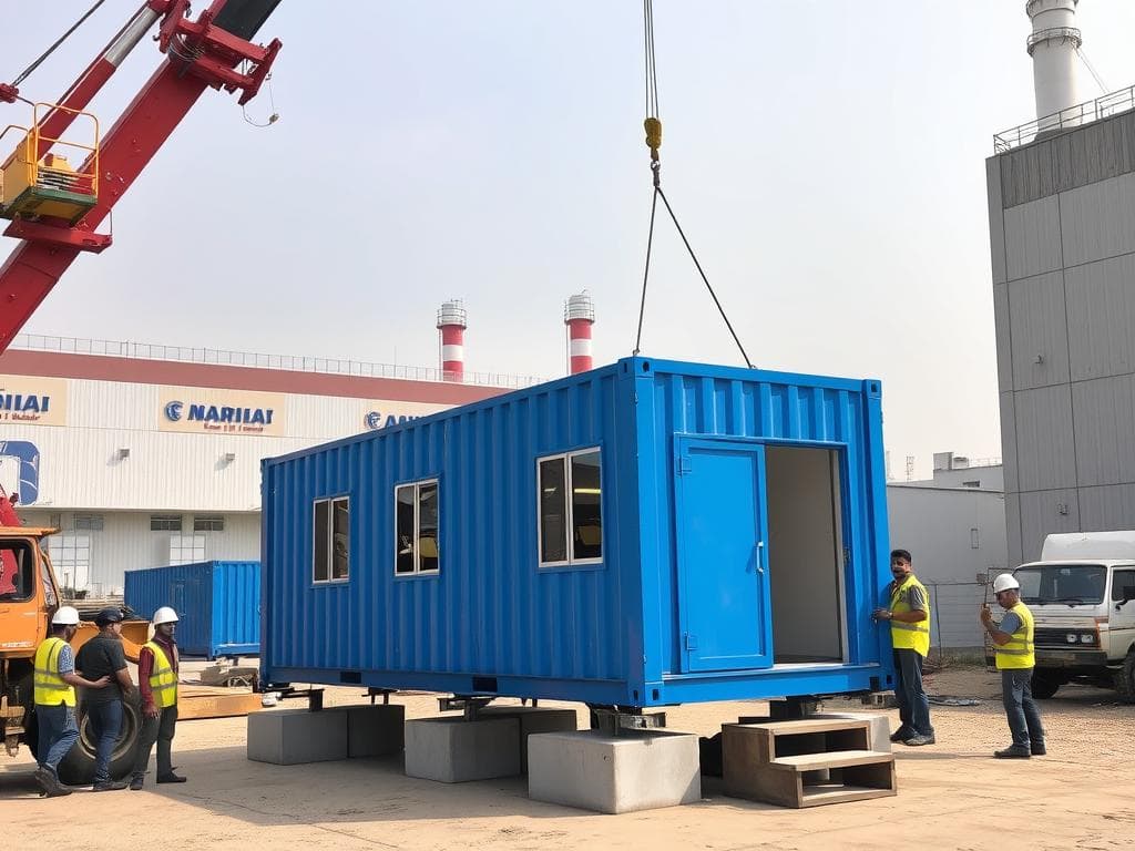 Container office being installed at Sector 21 industrial site in Faridabad Container office being installed at Sector 21 industrial site in Faridabad