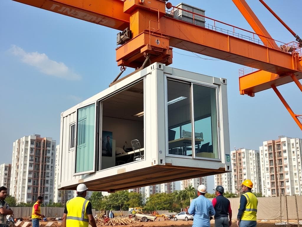 Container office being relocated in Mayur Vihar construction site Container office being relocated in Mayur Vihar construction site
