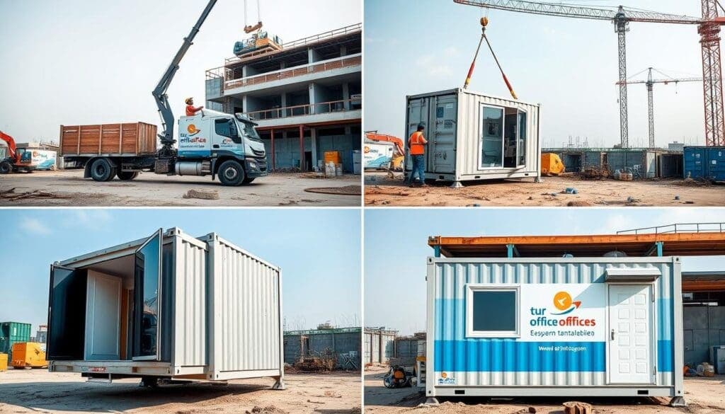 Container office installation process at construction site Container office installation process at construction site
