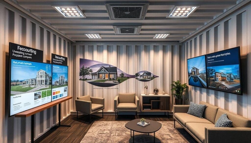 Container office interior with sales displays Container office interior with sales displays