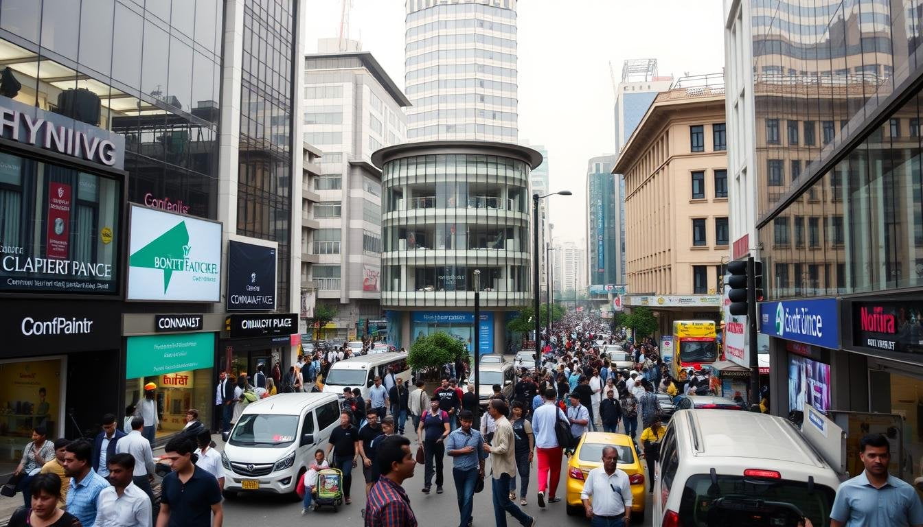 Crowded commercial area in Connaught Place, Central Delhi