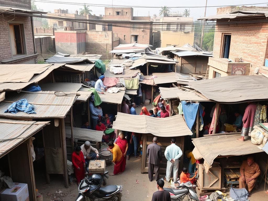 Crowded traditional labour colony in North Delhi showing space constraints Crowded traditional labour colony in North Delhi showing space constraints