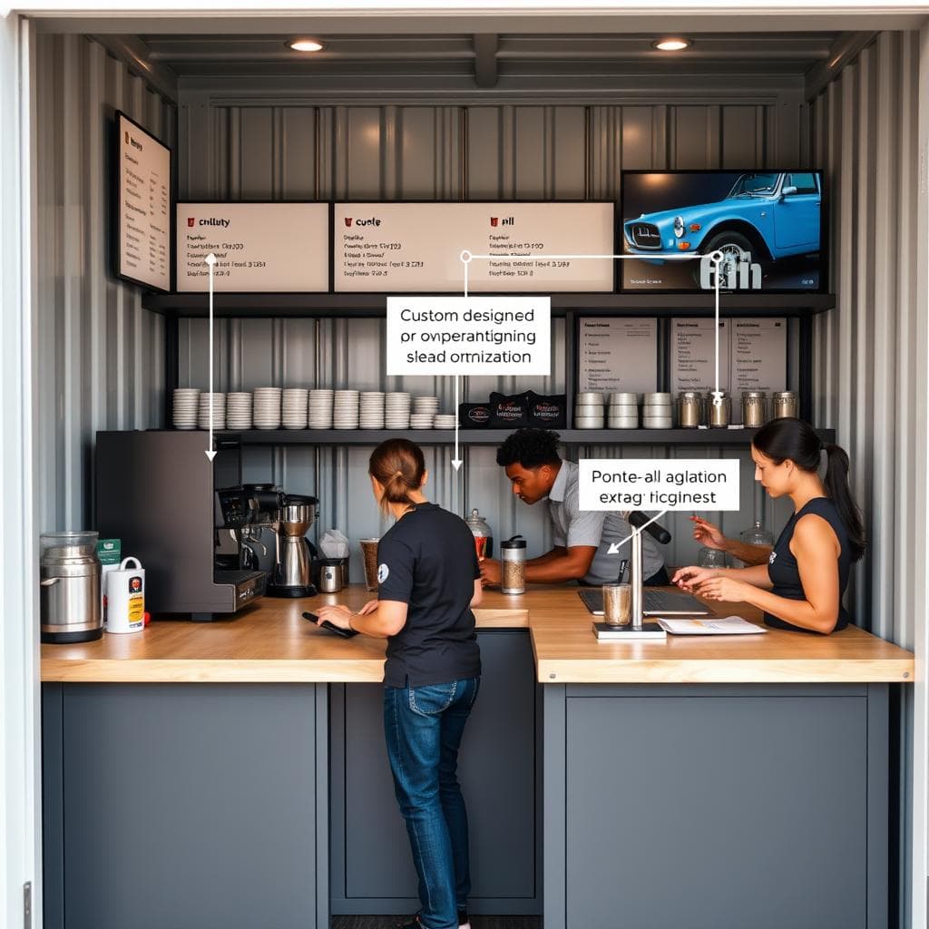 Custom service counter in a container cafe showing workflow optimization Custom service counter in a container cafe showing workflow optimization