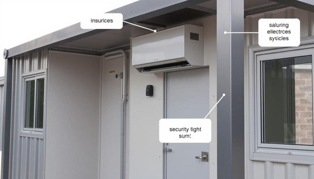 Detailed view of portable office cabin features in West Delhi installation Detailed view of portable office cabin features in West Delhi installation