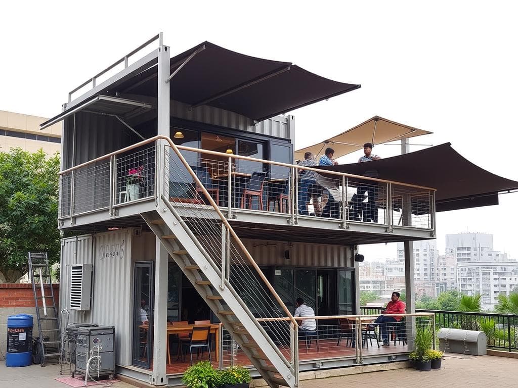 Double-storey container cafe with rooftop seating area in Noida Double-storey container cafe with rooftop seating area in Noida