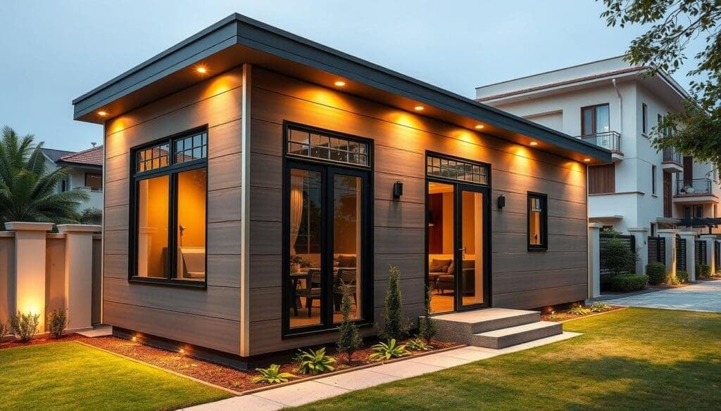 Elegant portable office cabin installed beside residential bungalows in Greater Kailash, South Delhi Elegant portable office cabin installed beside residential bungalows in Greater Kailash, South Delhi