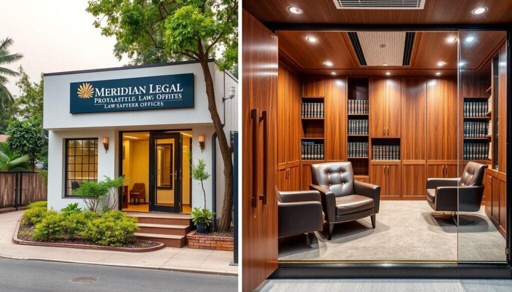 Exterior and interior views of Meridian Legal's premium portable office in Saket Exterior and interior views of Meridian Legal's premium portable office in Saket