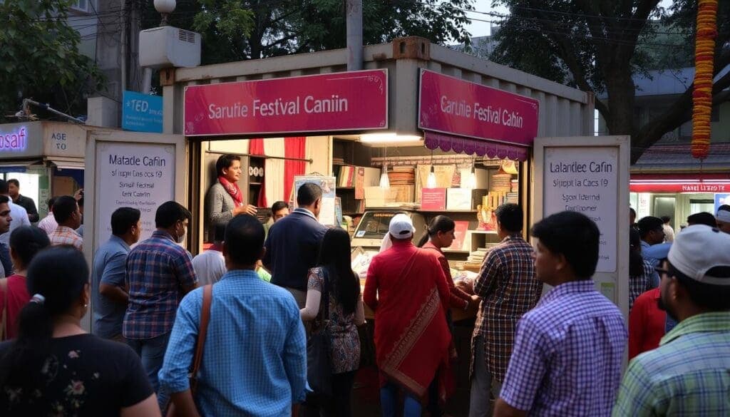 Festival sales cabin in Karol Bagh with customers Festival sales cabin in Karol Bagh with customers