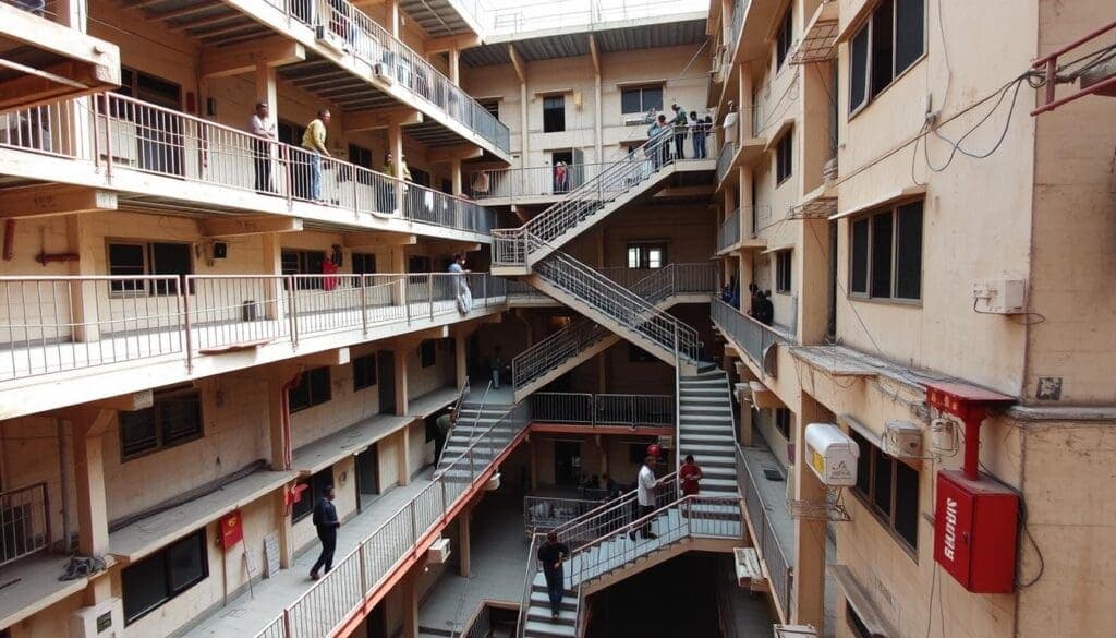 G+1 stackable labour colony with proper pathways and railings in Central Delhi G+1 stackable labour colony with proper pathways and railings in Central Delhi