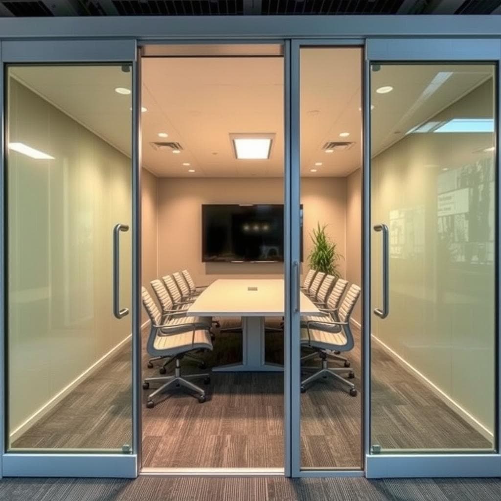 Glass-door meeting room in portable cabin office in Noida Glass-door meeting room in portable cabin office in Noida
