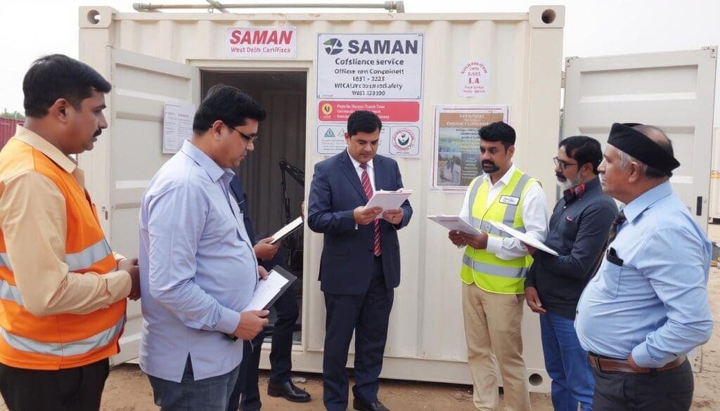 Government officials inspecting Container Office in West Delhi for compliance Government officials inspecting Container Office in West Delhi for compliance