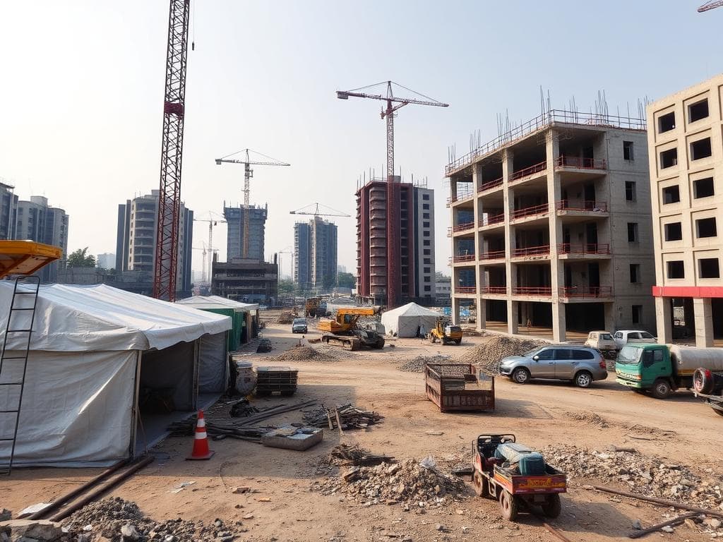 Government project site in Dwarka with temporary structures Government project site in Dwarka with temporary structures