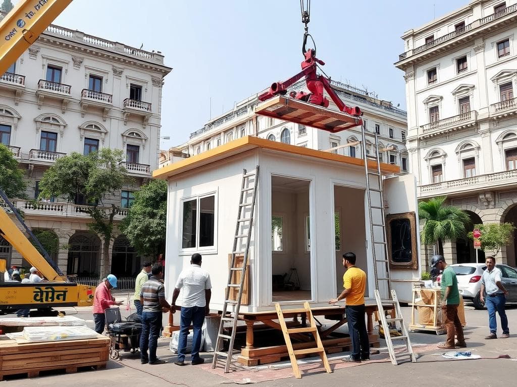 Installation team setting up a portable cabin in Connaught Place in just one day Installation team setting up a portable cabin in Connaught Place in just one day