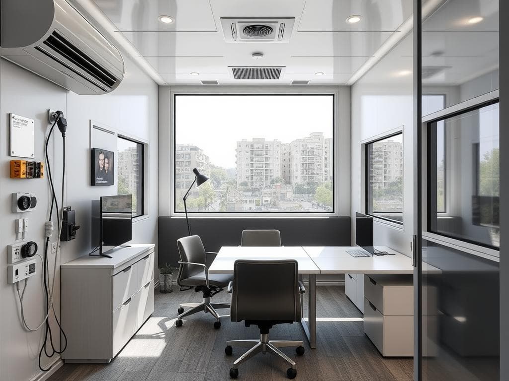 Interior of a SAMAN portable office cabin showing modern workspace features Interior of a SAMAN portable office cabin showing modern workspace features