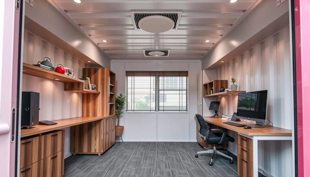 Interior of a compact container office showing efficient space utilization Interior of a compact container office showing efficient space utilization